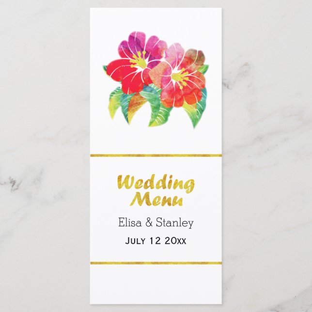 Watercolor gold foil floral wedding menu card (Front)