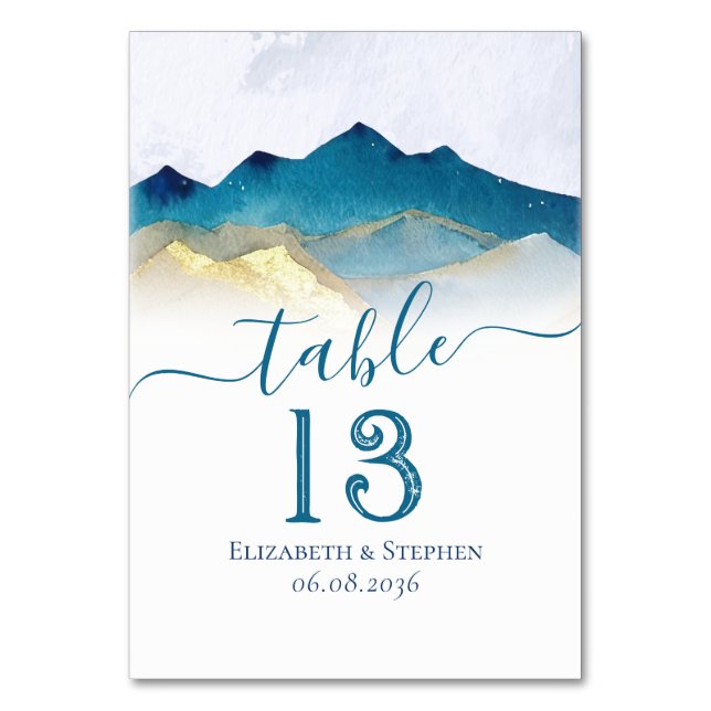 Watercolor Gold Foil Mountain Wedding Table Number (Front)