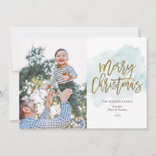 Watercolor Gold Foil Script Calligraphy 2 Photo Holiday Card