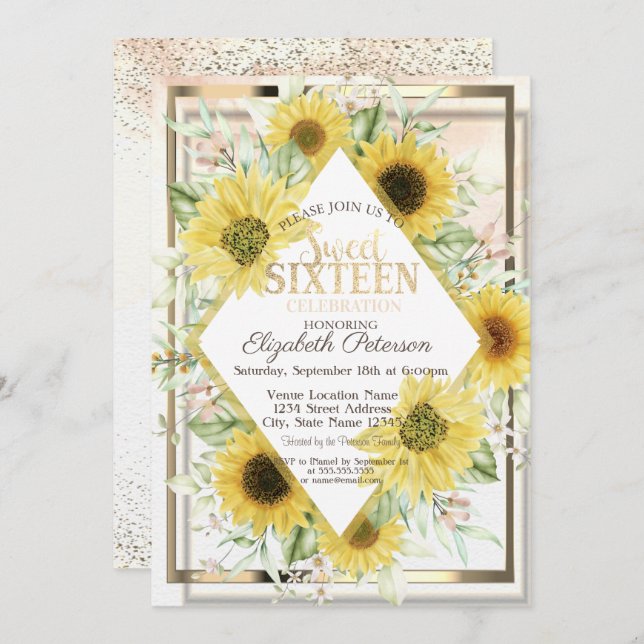 Watercolor Gold Frame Sunflowers Sweet 16 Invitation (Front/Back)