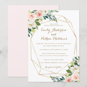 Watercolor Gold Geometric Blush Floral Wedding Invitation