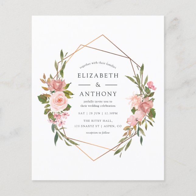 Watercolor Gold Geometric Blush Pink Roses Wedding Flyer (Front)