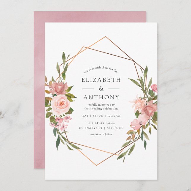 Watercolor Gold Geometric Blush Pink Roses Wedding Invitation (Front/Back)