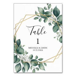 Watercolor Gold Geometric Floral Eucalyptus Green Table Number