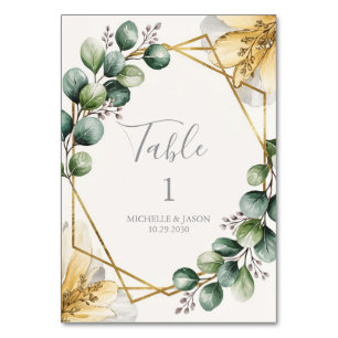 Watercolor Gold Geometric Floral Eucalyptus Green  Table Number