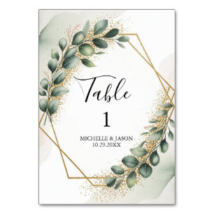 Watercolor Gold Geometric Floral Eucalyptus Green Table Number
