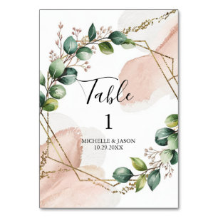 Watercolor Gold Geometric Floral Eucalyptus Green Table Number