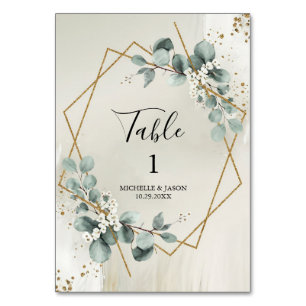 Watercolor Gold Geometric Floral Eucalyptus Green Table Number