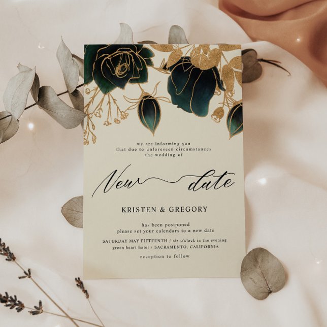 Watercolor Gold Green Roses Postponed Wedding Invitation (Creator Uploaded)