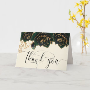 Watercolor Gold Green Roses Thank You Card