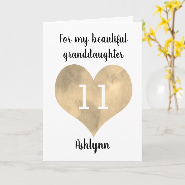 Watercolor Gold Heart 11th Birthday Granddaughter Card (Yellow Flower)