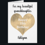 Watercolor Gold Heart 15th Birthday Granddaughter<br><div class="desc">A gold heart 15th birthday granddaughter card that features a watercolor heart,  which you can personalise  underneath with her name. The inside of this 15th birthday card reads a birthday message for her,  which can also be personalised if wanted. This would make a unique birthday keepsake for her.</div>