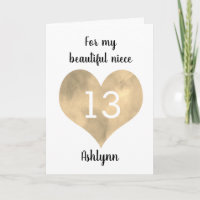 Watercolor Gold Heart Happy 13th Birthday Niece