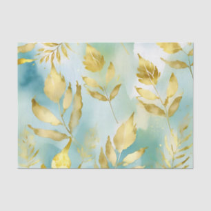 Watercolor Gold Leaves on Soft Blue Background Tissue Paper