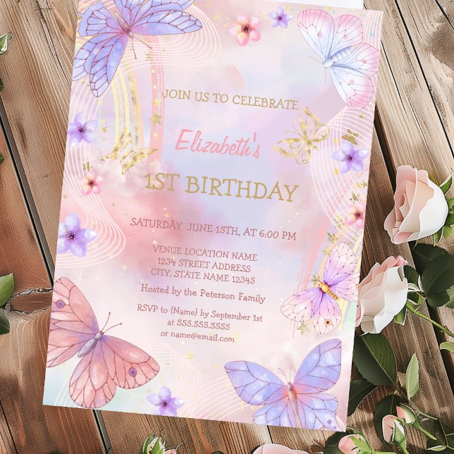 Watercolor Gold Lilac Butterfly Rainbow Birthday  Invitation (Creator Uploaded)