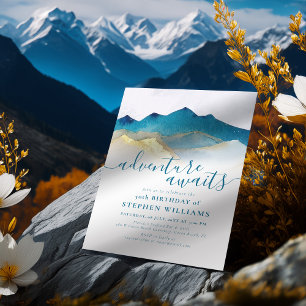 Watercolor Gold Mountain Adventure Awaits Birthday Invitation