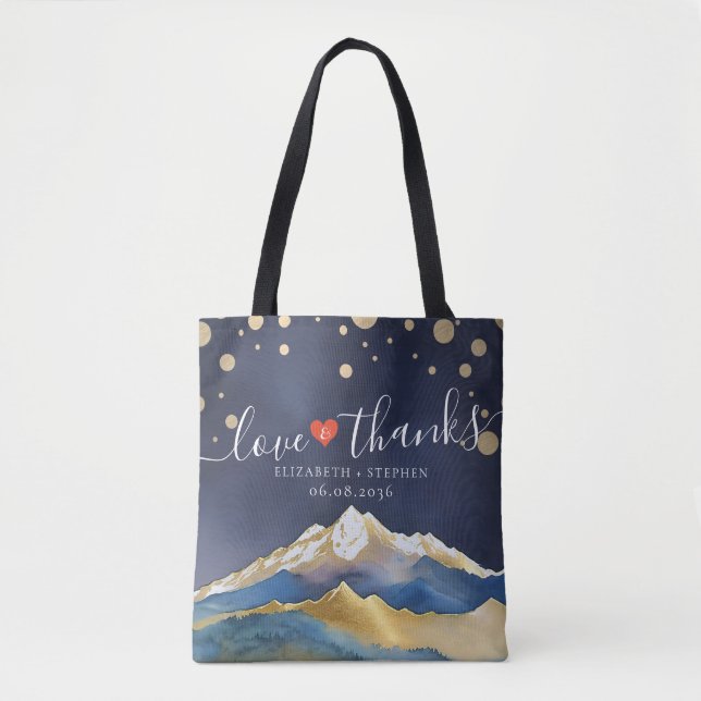 Watercolor Gold Mountain Wedding Love Thanks Gifts Tote Bag (Front)