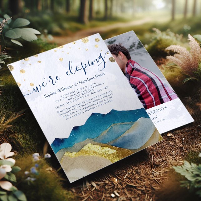 Watercolor Gold Mountains Photo Wedding Elopement  Invitation (Creator Uploaded)