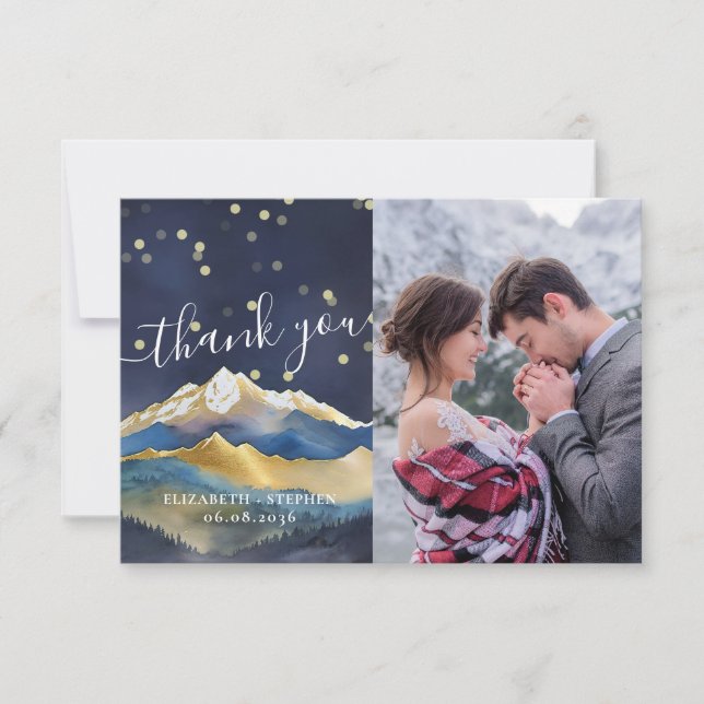 Watercolor Gold Mountains Wedding Photo Thank You (Front)
