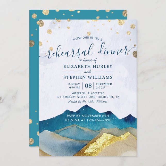 Watercolor Gold Mountains Wedding Rehearsal Dinner Invitation (Front/Back)