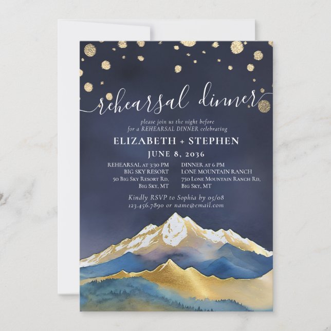 Watercolor Gold Mountains Wedding Rehearsal Dinner Invitation (Front)