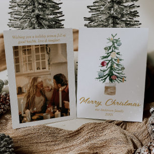Watercolor Gold Ornaments Tree Photo Christmas Holiday Card