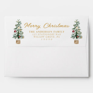 Watercolor Gold Pine Tree Merry Christmas Envelope