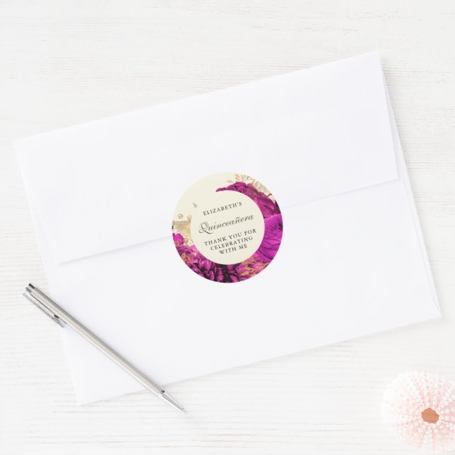 Watercolor Gold Pink Roses Quinceañera Classic Round Sticker (Envelope)