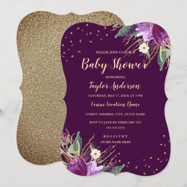 Watercolor Gold Purple Flower Baby Shower Invitation (Front/Back)