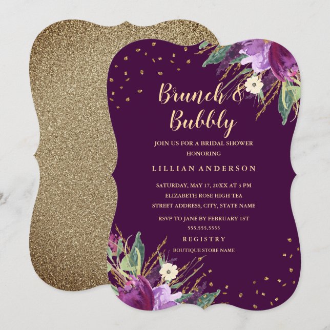 Watercolor Gold Purple Flower Brunch and Bubbly Invitation (Front/Back)