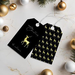 Watercolor Gold Reindeer Merry Christmas Black Gift Tags