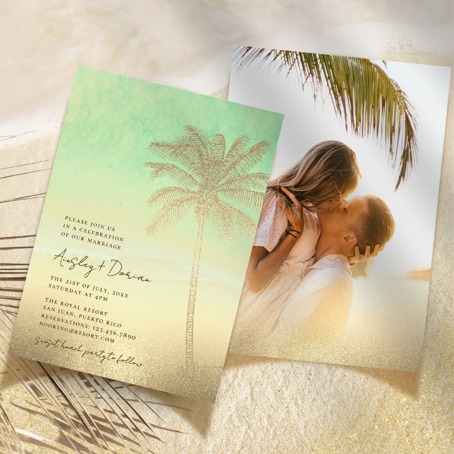 Watercolor Gold Sand Palm Tree Boho Photo Wedding Invitation (Creator Uploaded)