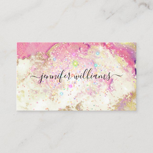 Watercolor Gold Sparkly Holographic Glitter Salon Business Card (Front)