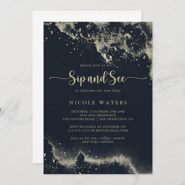 Watercolor Gold Splash Calligraphy Sip and See  Invitation (Front/Back)