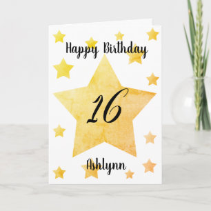 Watercolor Gold Stars 16th Birthday Card