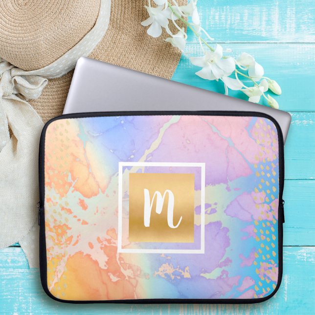 Watercolor gold turquoise purple orange monogram laptop sleeve (Creator Uploaded)