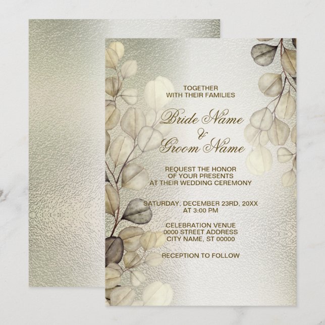 Watercolor Golden Eucalyptus Elegant Wedding Shiny Invitation (Front/Back)