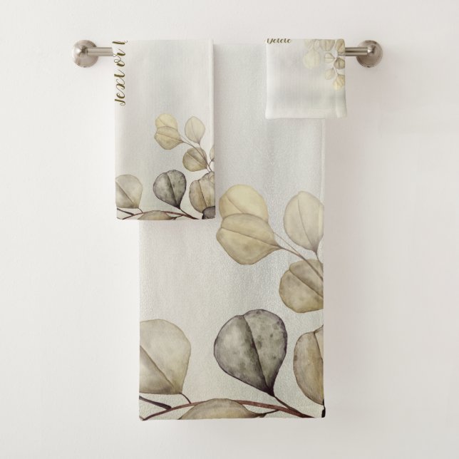 Watercolor Golden Eucalyptus Foliage Shiny Elegant Bath Towel Set (Insitu)