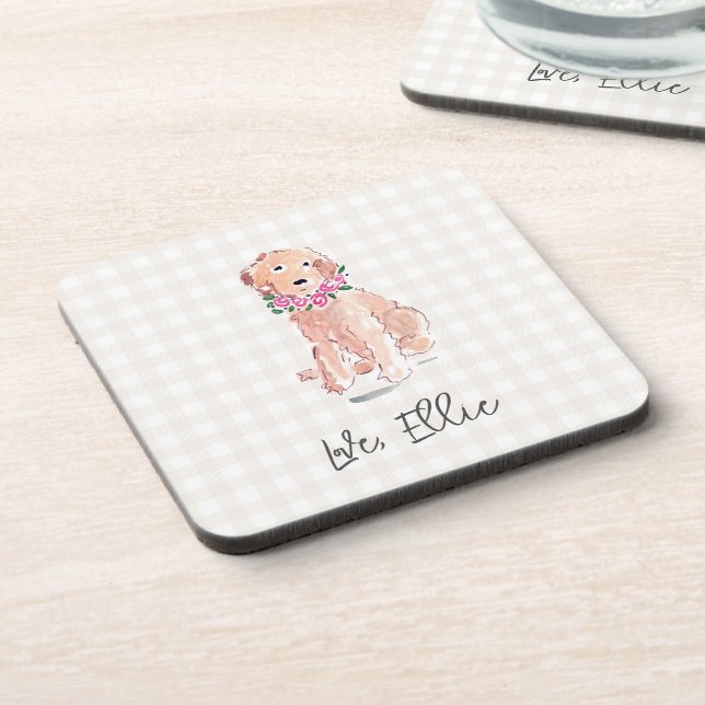 Watercolor Golden Flowers Love DOG NAME Gingham Coaster (Left Side)