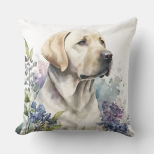 Watercolor Golden Labrador Retriever and Flowers Cushion