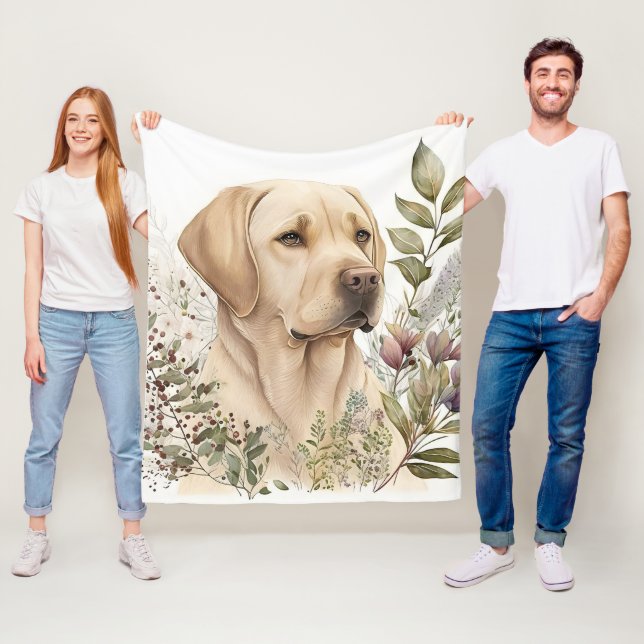 Watercolor Golden Labrador Retriever and Flowers Fleece Blanket (In Situ)