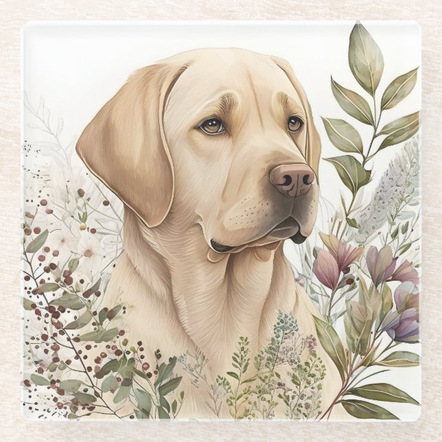 Watercolor Golden Labrador Retriever and Flowers Glass Coaster (Front)
