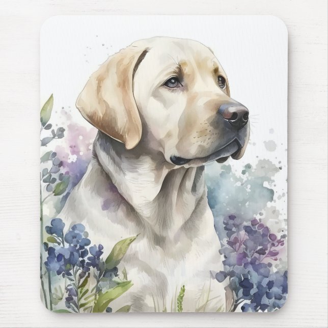 Watercolor Golden Labrador Retriever and Flowers Mouse Pad (Front)