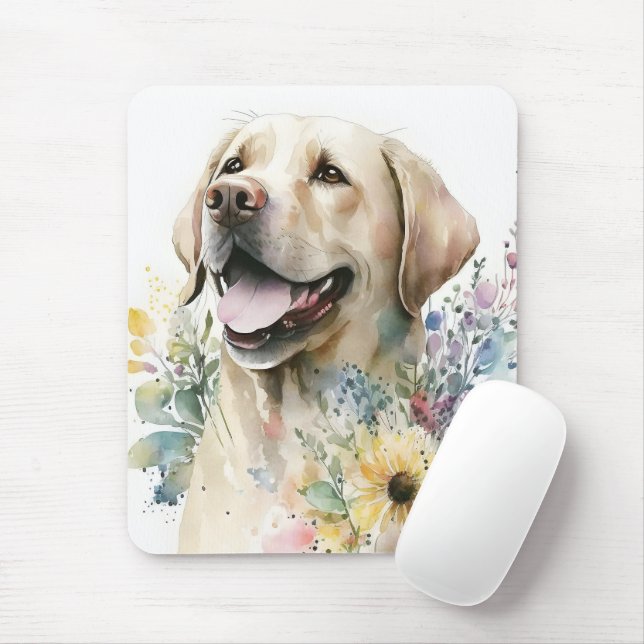 Watercolor Golden Labrador Retriever and Flowers Mouse Pad (With Mouse)