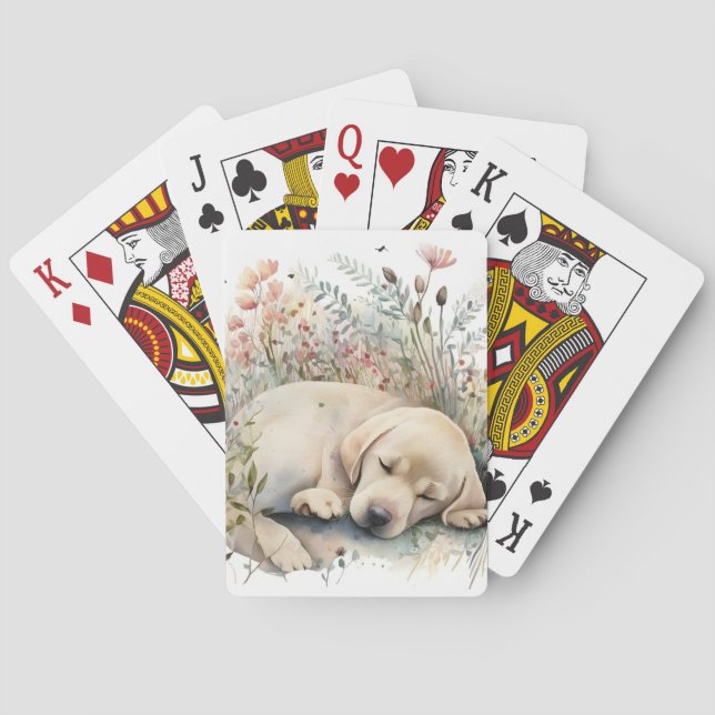 Watercolor Golden Labrador Retriever and Flowers Playing Cards (Back)
