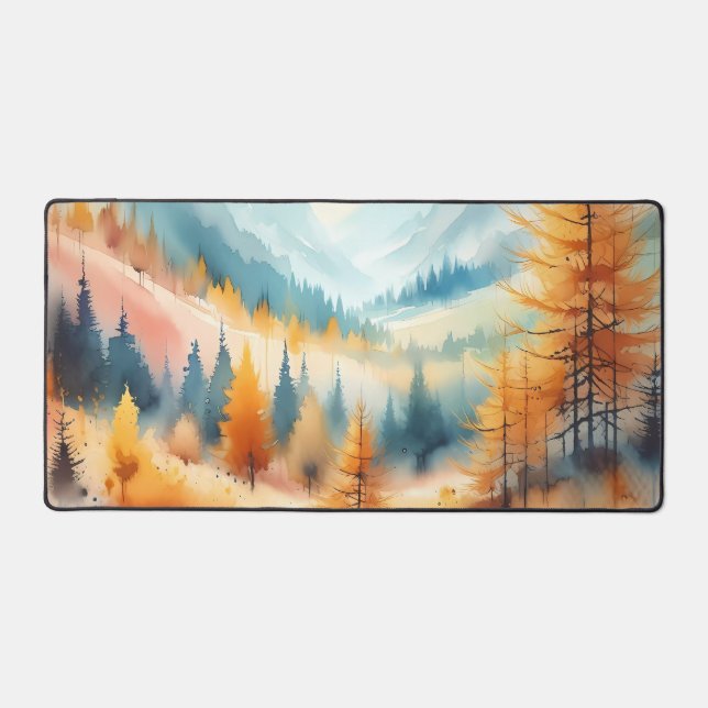 Watercolor Golden larches and colourful valleys Desk Mat (Front)