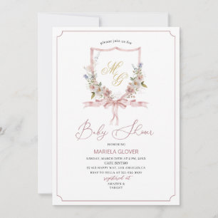 Watercolor  Golden Pink flowers crests  baby Showe Invitation