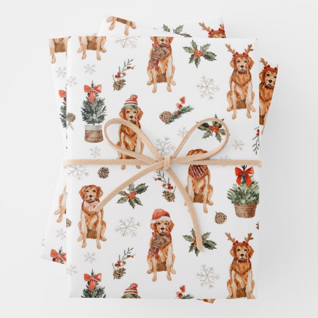 Watercolor Golden Retriever Christmas Dogs Wrapping Paper Sheet (In situ)