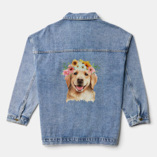 Watercolor Golden Retriever Dog with Flowers Denim Jacket