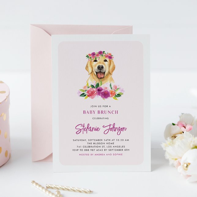 Watercolor Golden Retriever Floral Baby Brunch Invitation (Creator Uploaded)